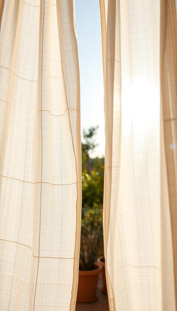 A shimmering, open-air linen curtain sways gently in the breeze, its delicate texture and translucent quality casting soft, diffused light across a serene outdoor setting. The fabric hangs effortlessly, its natural fibers creating a tactile, organic appearance that complements the earthy tones of the surrounding environment. Sunlight filters through the lightweight material, casting a warm, inviting glow and creating an atmosphere of tranquility and relaxation. The camera captures the curtain from a low angle, emphasizing its graceful, flowing movement and allowing the viewer to fully immerse themselves in the peaceful, natural ambiance.