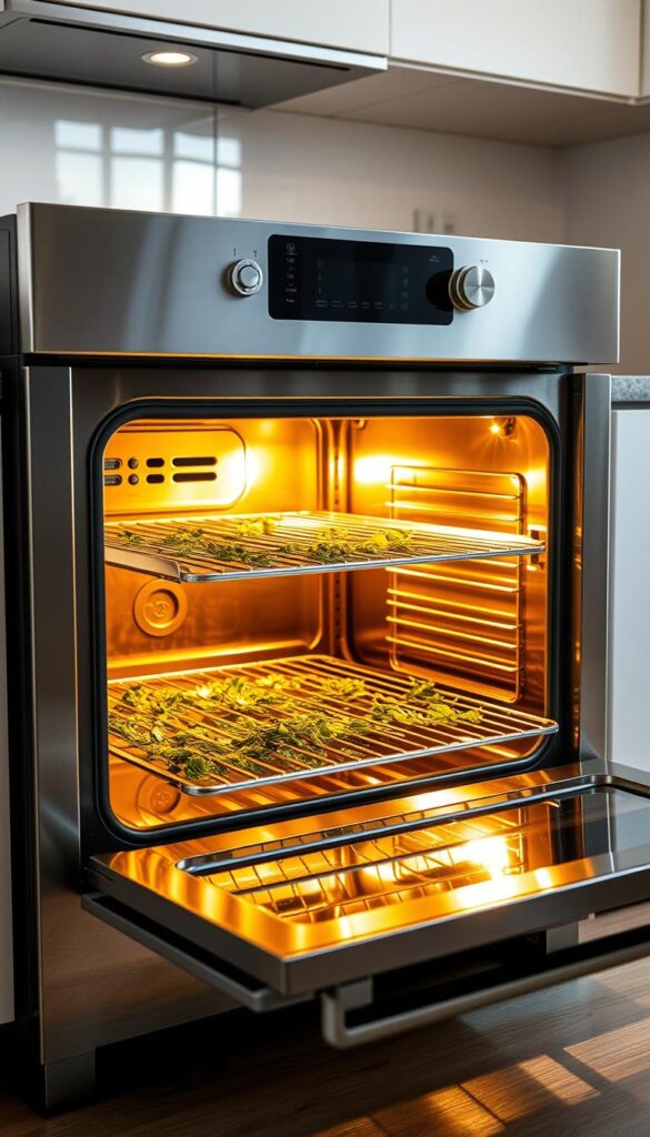 A shiny stainless steel oven, its door slightly ajar, revealing the warm glow of its interior. The oven stands prominently in a well-lit, modern kitchen, its sleek design and clean lines complementing the surrounding décor. Soft shadows cast by the oven's form add depth and dimension to the scene. The oven's racks are visible, ready to accommodate trays of freshly harvested herbs, awaiting the gentle heat to dry and preserve their aromatic essence. The overall mood is one of efficiency and functionality, reflecting the practical nature of using an oven for quick herb drying. A shiny stainless steel oven, its door slightly ajar, revealing the warm glow of its interior. The oven stands prominently in a well-lit, modern kitchen, its sleek design and clean lines complementing the surrounding décor. Soft shadows cast by the oven's form add depth and dimension to the scene. The oven's racks are visible, ready to accommodate trays of freshly harvested herbs, awaiting the gentle heat to dry and preserve their aromatic essence. The overall mood is one of efficiency and functionality, reflecting the practical nature of using an oven for quick herb drying.