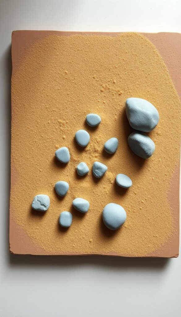 A simple and tranquil sand gravel tray, gently lit from above with soft, diffused natural lighting. The base is a smooth, earthy-colored stone slab, covered in a layer of fine, golden sand. Scattered atop the sand are smooth, rounded river rocks in various shades of gray, creating a serene and minimalist Zen-inspired landscape. The camera angle is slightly elevated, offering a calming, birds-eye view of the carefully arranged elements. The overall mood is one of peaceful contemplation, inviting the viewer to imagine raking intricate patterns in the sand or placing a single, carefully selected stone to complete the meditative scene. A simple and tranquil sand gravel tray, gently lit from above with soft, diffused natural lighting. The base is a smooth, earthy-colored stone slab, covered in a layer of fine, golden sand. Scattered atop the sand are smooth, rounded river rocks in various shades of gray, creating a serene and minimalist Zen-inspired landscape. The camera angle is slightly elevated, offering a calming, birds-eye view of the carefully arranged elements. The overall mood is one of peaceful contemplation, inviting the viewer to imagine raking intricate patterns in the sand or placing a single, carefully selected stone to complete the meditative scene.