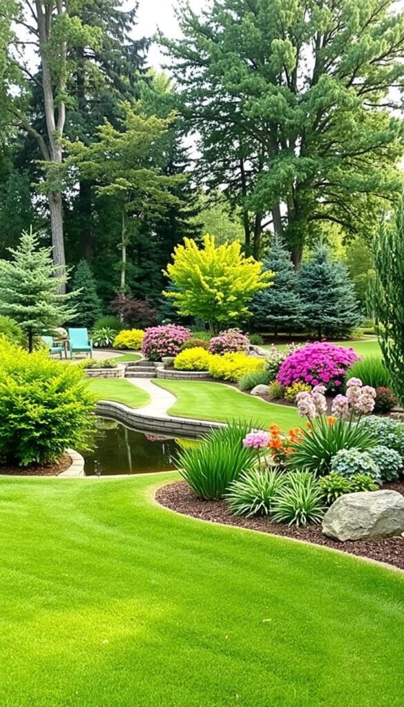 A simple yet elegant landscape design, showcasing a backyard oasis. In the foreground, a lush, well-manicured lawn with a winding path leading to a tranquil pond, its surface reflecting the surrounding foliage. In the middle ground, a variety of vibrant flowering plants and shrubs in complementary hues, creating a harmonious color palette. Towering trees in the background provide a natural canopy, casting a warm, soft light across the scene. The overall atmosphere is one of serenity and balance, inviting the viewer to imagine themselves relaxing in this beautifully designed outdoor space. A simple yet elegant landscape design, showcasing a backyard oasis. In the foreground, a lush, well-manicured lawn with a winding path leading to a tranquil pond, its surface reflecting the surrounding foliage. In the middle ground, a variety of vibrant flowering plants and shrubs in complementary hues, creating a harmonious color palette. Towering trees in the background provide a natural canopy, casting a warm, soft light across the scene. The overall atmosphere is one of serenity and balance, inviting the viewer to imagine themselves relaxing in this beautifully designed outdoor space.