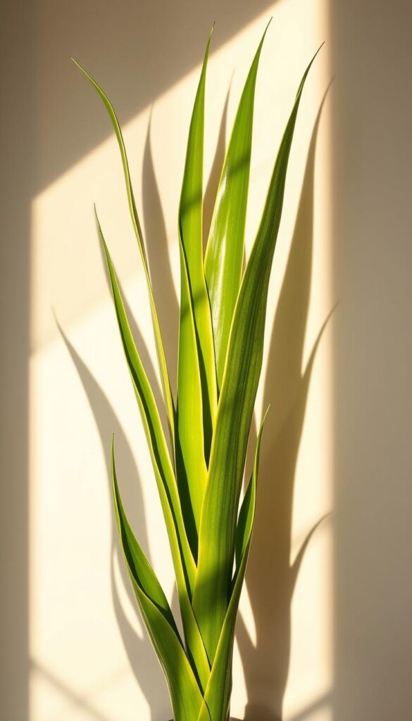 A sleek and sculptural snake plant standing tall in a bright, natural-lit setting. The vibrant green, sword-shaped leaves are arranged in a structured, geometric formation, casting dramatic shadows across the simple, minimalist background. The lighting is warm and directional, highlighting the plant's elegant, architectural form. The composition places the snake plant as the central focus, with a clean, uncluttered frame that allows its distinctive silhouette to shine. An image that captures the low-maintenance, yet visually striking essence of this versatile indoor plant.