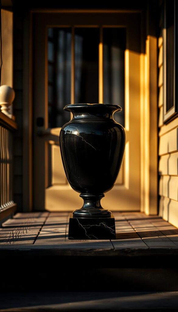 A sleek, black urn with a glossy, onyx-like finish sits atop a weathered wooden porch. The urn's elegant silhouette casts dramatic shadows, creating a moody, chiaroscuro effect. The porch is illuminated by soft, diffused natural light, casting a warm, golden glow on the urn's surface. The background is blurred, drawing the viewer's attention to the captivating simplicity of the urn. The scene conveys a sense of understated sophistication and timeless elegance, perfect for showcasing a simple yet impactful winter planter.