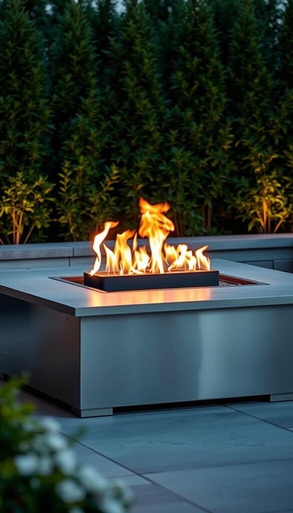A sleek, contemporary gas fire pit set against a backdrop of lush greenery. The fire pit's stainless steel frame glimmers in the warm, ambient lighting, casting a cozy glow across the patio. Smooth, polished stone surrounds the burner, creating a clean, minimalist aesthetic. Dancing flames flicker, their mesmerizing motion illuminating the tranquil outdoor space. Soft, diffused lighting from discreet fixtures bathes the scene in a warm, inviting ambiance, perfect for intimate gatherings on cool evenings. The gas fire pit's effortless functionality and sophisticated design make it an ideal focal point for this relaxing outdoor oasis.