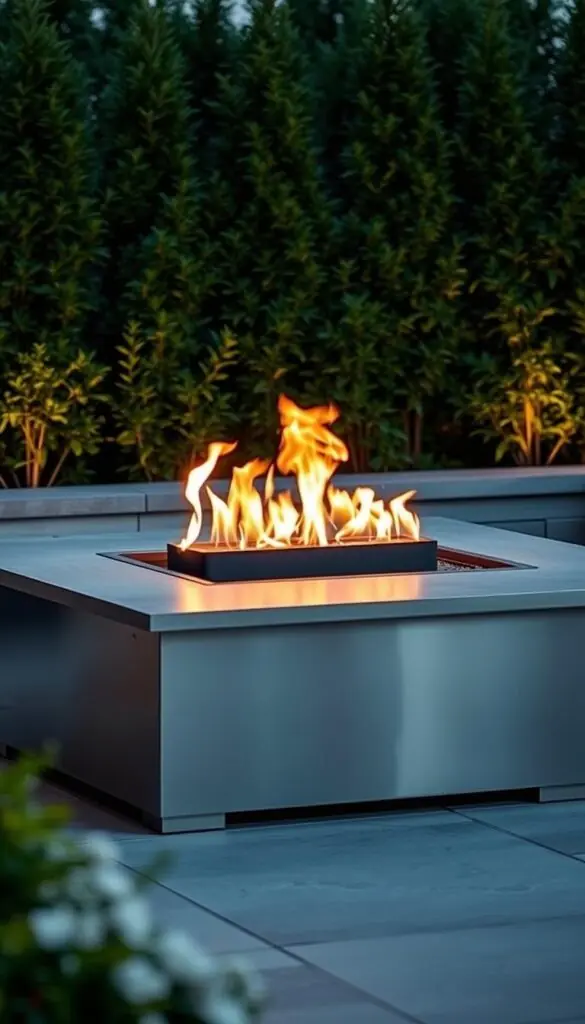 A sleek, contemporary gas fire pit set against a backdrop of lush greenery. The fire pit's stainless steel frame glimmers in the warm, ambient lighting, casting a cozy glow across the patio. Smooth, polished stone surrounds the burner, creating a clean, minimalist aesthetic. Dancing flames flicker, their mesmerizing motion illuminating the tranquil outdoor space. Soft, diffused lighting from discreet fixtures bathes the scene in a warm, inviting ambiance, perfect for intimate gatherings on cool evenings. The gas fire pit's effortless functionality and sophisticated design make it an ideal focal point for this relaxing outdoor oasis. A sleek, contemporary gas fire pit set against a backdrop of lush greenery. The fire pit's stainless steel frame glimmers in the warm, ambient lighting, casting a cozy glow across the patio. Smooth, polished stone surrounds the burner, creating a clean, minimalist aesthetic. Dancing flames flicker, their mesmerizing motion illuminating the tranquil outdoor space. Soft, diffused lighting from discreet fixtures bathes the scene in a warm, inviting ambiance, perfect for intimate gatherings on cool evenings. The gas fire pit's effortless functionality and sophisticated design make it an ideal focal point for this relaxing outdoor oasis.