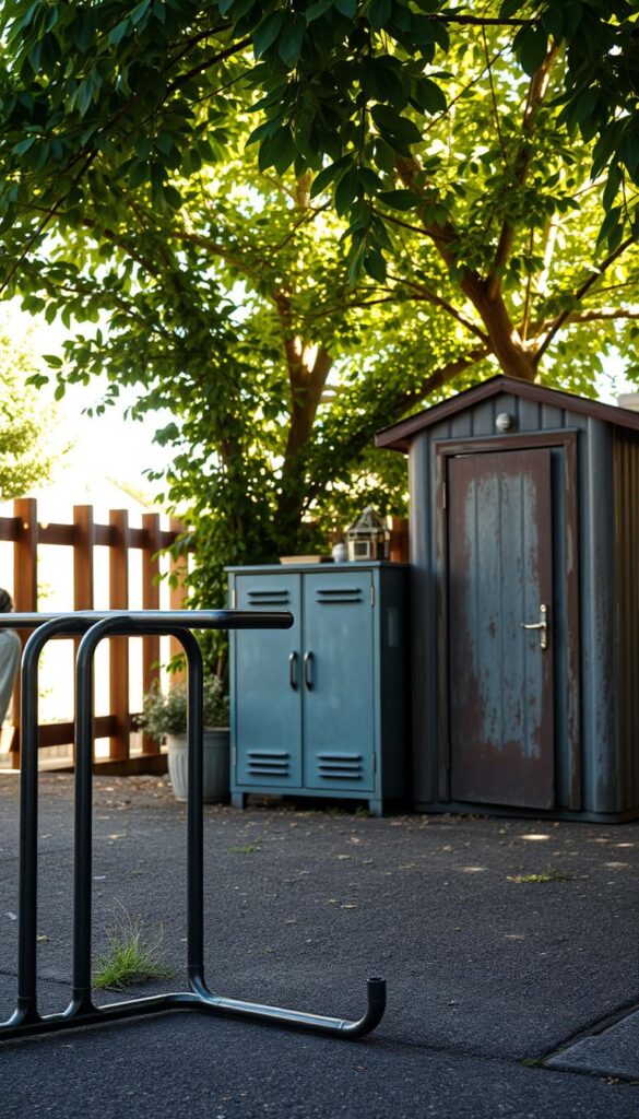 A sleek metal bicycle rack stands prominently in the foreground, its minimalist design complementing the rugged, industrial-chic aesthetic of the scene. In the middle ground, a sturdy metal storage cabinet with a weathered patina sits beneath a canopy of lush greenery, offering a practical solution for storing outdoor equipment and accessories. In the background, a weathered metal garden shed casts a warm, inviting glow, its textured surface reflecting the soft, natural light filtering through the leaves. The overall atmosphere conveys a sense of functional elegance, highlighting the versatility and durability of metal as an outdoor storage material.
