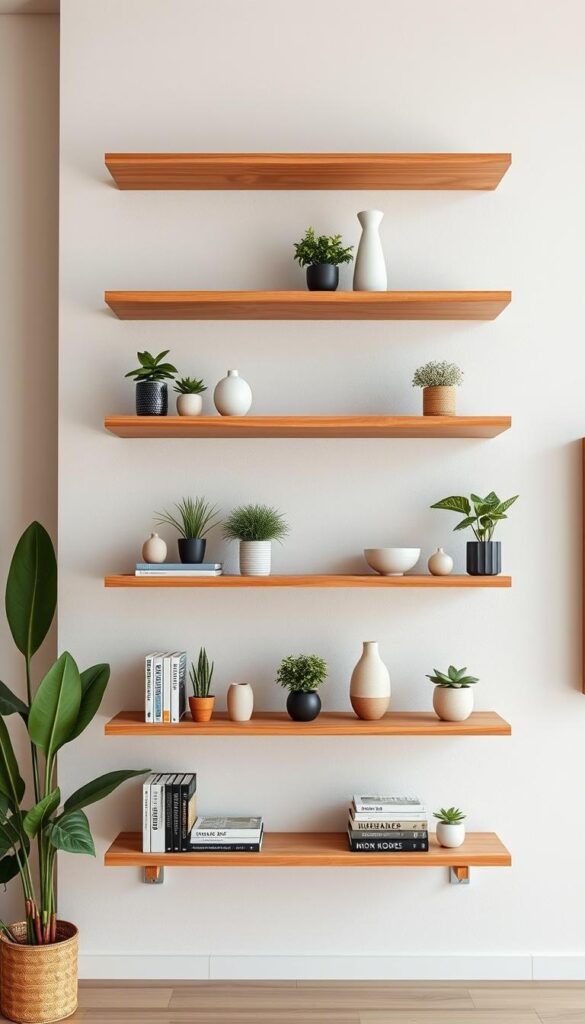 A sleek, minimalist living room with natural wooden shelves mounted against a light, textured wall. The shelves are arranged in a clean, symmetrical grid, each one holding a carefully curated selection of potted plants, decorative vases, and a few select books. The lighting is soft and diffused, creating a warm, inviting atmosphere. The camera angle captures the shelves from a slightly elevated perspective, emphasizing their vertical presence and creating a sense of balance and harmony within the space.