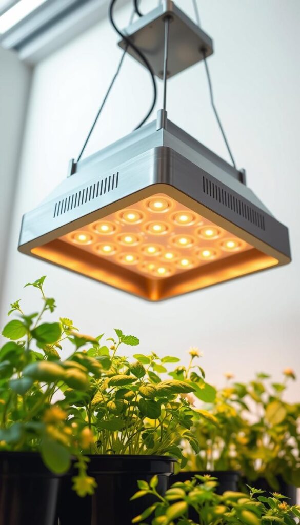 A sleek, modern LED grow light fixture suspended from the ceiling, casting a warm, golden glow over a lush indoor herb garden. The grow light has a minimalist, geometric design with a brushed metal finish. It is positioned to evenly illuminate the potted herbs below, their vibrant green leaves and delicate flowers thriving under the optimal spectrum of light. The grow light is integrated seamlessly into the clean, contemporary aesthetic of the indoor space, creating the perfect balance of form and function for the home gardener.