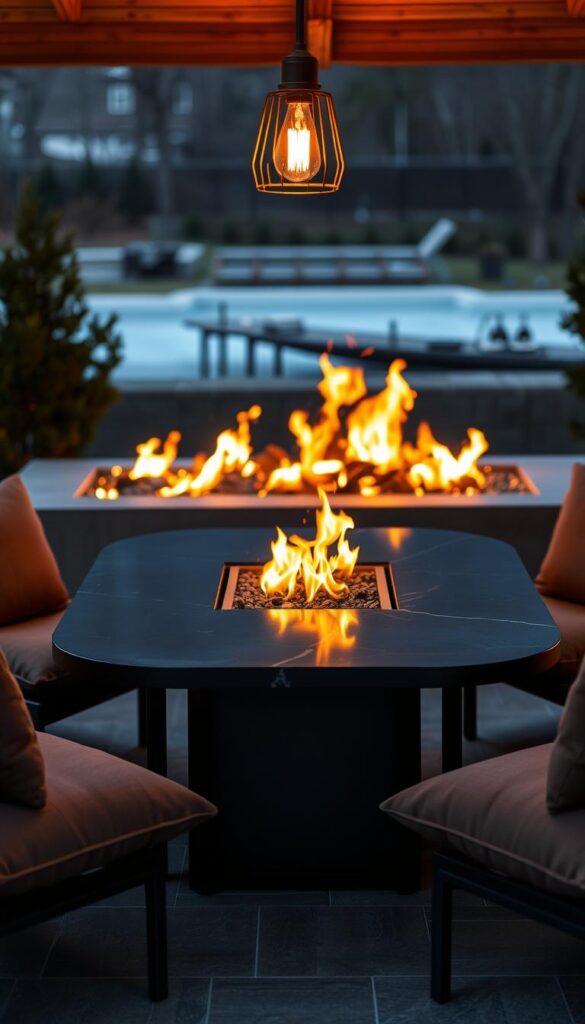 A sleek, modern fire pit table set against a backdrop of warm, flickering flames. The table is crafted from polished black granite, its edges softly rounded. Elegant steel legs support the tabletop, their industrial silhouette contrasting with the natural elements. Surrounding the table, plush outdoor cushions in earthy tones invite guests to relax and savor the cozy ambiance. Overhead, a subtle industrial-style pendant casts a warm glow, accentuating the interplay of light and shadow. The scene exudes a refined, yet inviting atmosphere, perfect for intimate gatherings or quiet moments of reflection on a chilly evening.