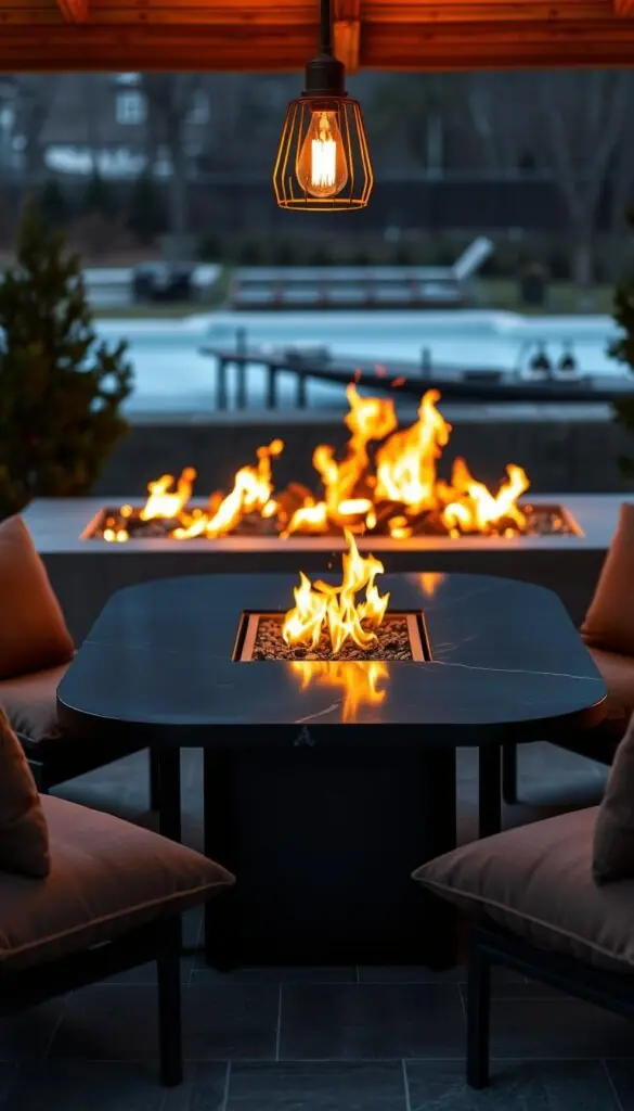 A sleek, modern fire pit table set against a backdrop of warm, flickering flames. The table is crafted from polished black granite, its edges softly rounded. Elegant steel legs support the tabletop, their industrial silhouette contrasting with the natural elements. Surrounding the table, plush outdoor cushions in earthy tones invite guests to relax and savor the cozy ambiance. Overhead, a subtle industrial-style pendant casts a warm glow, accentuating the interplay of light and shadow. The scene exudes a refined, yet inviting atmosphere, perfect for intimate gatherings or quiet moments of reflection on a chilly evening. A sleek, modern fire pit table set against a backdrop of warm, flickering flames. The table is crafted from polished black granite, its edges softly rounded. Elegant steel legs support the tabletop, their industrial silhouette contrasting with the natural elements. Surrounding the table, plush outdoor cushions in earthy tones invite guests to relax and savor the cozy ambiance. Overhead, a subtle industrial-style pendant casts a warm glow, accentuating the interplay of light and shadow. The scene exudes a refined, yet inviting atmosphere, perfect for intimate gatherings or quiet moments of reflection on a chilly evening.