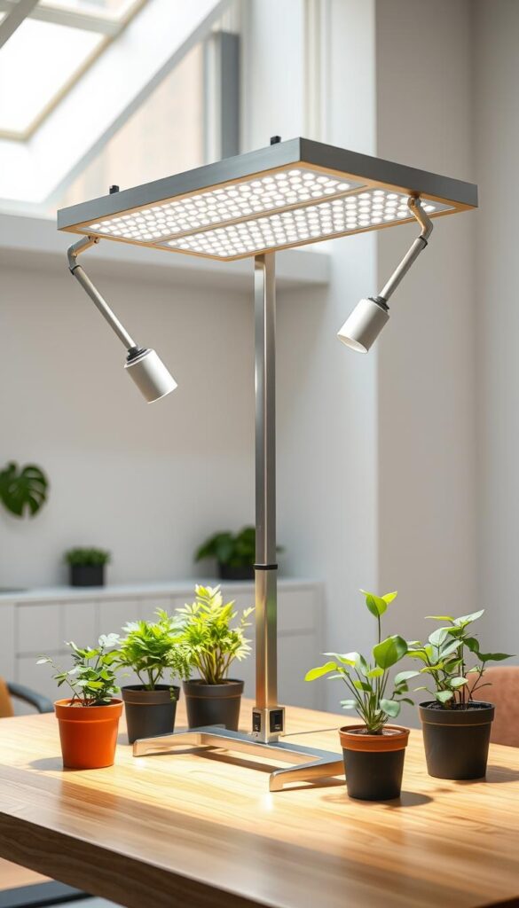 A sleek, modern grow light stand positioned in a bright, airy indoor setting. The stand is made of brushed aluminum with adjustable, articulating arms that hold high-efficiency LED grow lights. The lights emit a balanced spectrum of warm and cool tones, mimicking natural sunlight. The stand is situated on a smooth, wooden table, with potted plants arranged neatly around the base. The overall scene exudes a sense of minimalist, functional design, perfectly suited for an urban home or office setting.