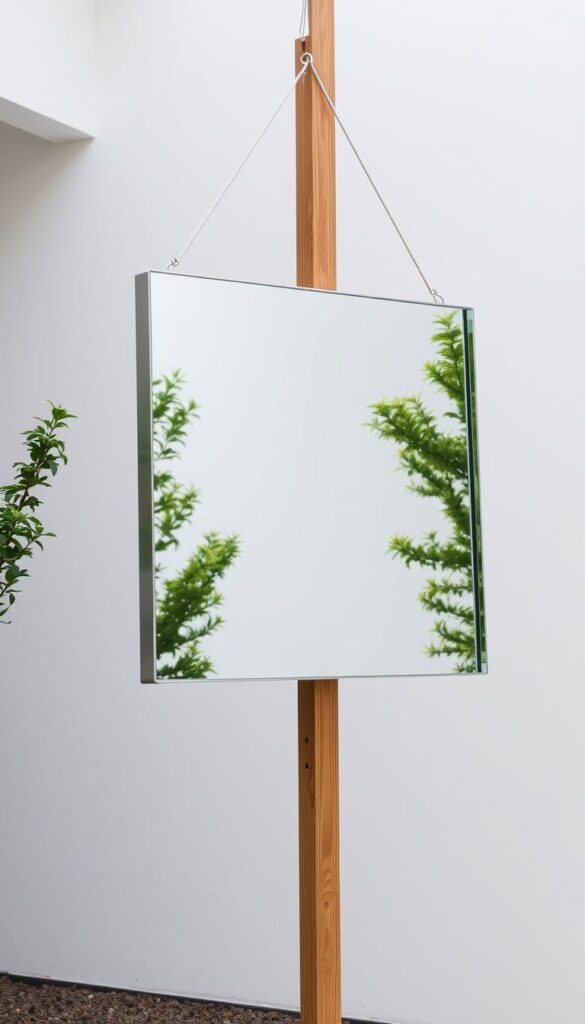 A sleek, modern installation mirror suspended in a minimalist outdoor setting. Polished stainless steel frame reflects the surrounding nature, creating an illusion of depth and expansion. Mounted at a slight angle, the mirror is securely anchored to a sturdy wooden post, ensuring a level, weather-resistant installation. Soft, diffused natural lighting illuminates the scene, highlighting the mirror's elegant design and seamless integration with the environment. The mirror's clean lines and contemporary aesthetic complement the serene, carefully curated outdoor space, inviting visitors to appreciate the clever use of reflective surfaces to visually enlarge the area. A sleek, modern installation mirror suspended in a minimalist outdoor setting. Polished stainless steel frame reflects the surrounding nature, creating an illusion of depth and expansion. Mounted at a slight angle, the mirror is securely anchored to a sturdy wooden post, ensuring a level, weather-resistant installation. Soft, diffused natural lighting illuminates the scene, highlighting the mirror's elegant design and seamless integration with the environment. The mirror's clean lines and contemporary aesthetic complement the serene, carefully curated outdoor space, inviting visitors to appreciate the clever use of reflective surfaces to visually enlarge the area.