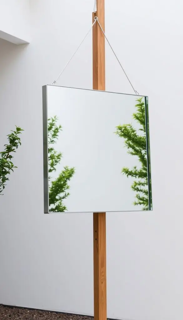 A sleek, modern installation mirror suspended in a minimalist outdoor setting. Polished stainless steel frame reflects the surrounding nature, creating an illusion of depth and expansion. Mounted at a slight angle, the mirror is securely anchored to a sturdy wooden post, ensuring a level, weather-resistant installation. Soft, diffused natural lighting illuminates the scene, highlighting the mirror's elegant design and seamless integration with the environment. The mirror's clean lines and contemporary aesthetic complement the serene, carefully curated outdoor space, inviting visitors to appreciate the clever use of reflective surfaces to visually enlarge the area. A sleek, modern installation mirror suspended in a minimalist outdoor setting. Polished stainless steel frame reflects the surrounding nature, creating an illusion of depth and expansion. Mounted at a slight angle, the mirror is securely anchored to a sturdy wooden post, ensuring a level, weather-resistant installation. Soft, diffused natural lighting illuminates the scene, highlighting the mirror's elegant design and seamless integration with the environment. The mirror's clean lines and contemporary aesthetic complement the serene, carefully curated outdoor space, inviting visitors to appreciate the clever use of reflective surfaces to visually enlarge the area.
