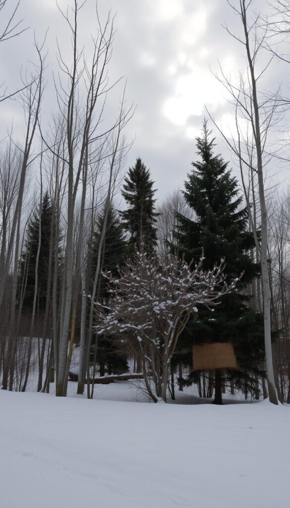 A snowy winter forest, with tall, barren trees reaching up towards the overcast sky. In the foreground, a thick layer of fresh white powder covers the ground, creating a peaceful, serene atmosphere. The middle ground features a mix of evergreen and deciduous trees, their branches wrapped in protective burlap and straw to shield them from the cold. Sunlight filters through the clouds, casting a soft, warm glow over the scene, highlighting the textures and contours of the trees and their winter coverings. The overall composition suggests a tranquil, sheltered environment, perfect for nurturing delicate flower beds during the harshest months. A snowy winter forest, with tall, barren trees reaching up towards the overcast sky. In the foreground, a thick layer of fresh white powder covers the ground, creating a peaceful, serene atmosphere. The middle ground features a mix of evergreen and deciduous trees, their branches wrapped in protective burlap and straw to shield them from the cold. Sunlight filters through the clouds, casting a soft, warm glow over the scene, highlighting the textures and contours of the trees and their winter coverings. The overall composition suggests a tranquil, sheltered environment, perfect for nurturing delicate flower beds during the harshest months.