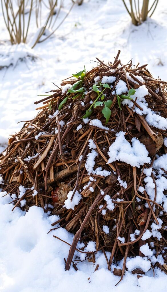 A snowy winter landscape, with a well-maintained compost pile taking center stage. The pile is composed of a harmonious blend of brown and green organic matter, meticulously layered to promote efficient decomposition. The surrounding area is blanketed in a soft, powdery snow, adding a serene and calming atmosphere. The compost pile is illuminated by a warm, natural light, casting gentle shadows that accentuate its textural details. The camera angle is slightly elevated, allowing the viewer to appreciate the strategic placement of the compost pile within the wintry setting. The overall scene conveys a sense of purpose, organization, and the resilience of nature, even in the face of the coldest months. A snowy winter landscape, with a well-maintained compost pile taking center stage. The pile is composed of a harmonious blend of brown and green organic matter, meticulously layered to promote efficient decomposition. The surrounding area is blanketed in a soft, powdery snow, adding a serene and calming atmosphere. The compost pile is illuminated by a warm, natural light, casting gentle shadows that accentuate its textural details. The camera angle is slightly elevated, allowing the viewer to appreciate the strategic placement of the compost pile within the wintry setting. The overall scene conveys a sense of purpose, organization, and the resilience of nature, even in the face of the coldest months.