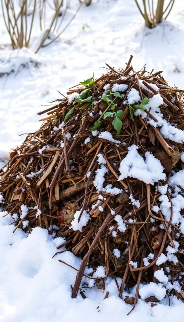 A snowy winter landscape, with a well-maintained compost pile taking center stage. The pile is composed of a harmonious blend of brown and green organic matter, meticulously layered to promote efficient decomposition. The surrounding area is blanketed in a soft, powdery snow, adding a serene and calming atmosphere. The compost pile is illuminated by a warm, natural light, casting gentle shadows that accentuate its textural details. The camera angle is slightly elevated, allowing the viewer to appreciate the strategic placement of the compost pile within the wintry setting. The overall scene conveys a sense of purpose, organization, and the resilience of nature, even in the face of the coldest months.
