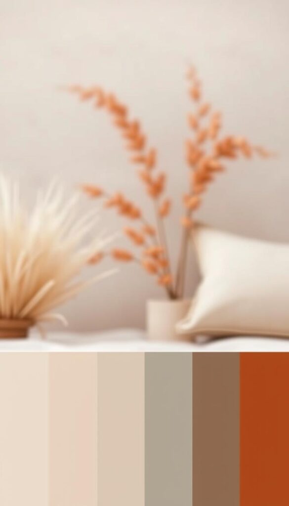A soft-focus, high-key image of a serene color palette featuring muted earth tones and soothing neutrals. The foreground showcases a range of harmonious hues, including warm beiges, mellow greys, and a rich, confident accent of rust or terracotta. The middle ground blends these colors seamlessly, creating a calming, cohesive composition. The background is gently diffused, with a subtle gradient that suggests a natural, soft-lit environment. The overall aesthetic evokes a sense of tranquility, comfort, and sophistication - perfect for a cozy backyard lounge area.
