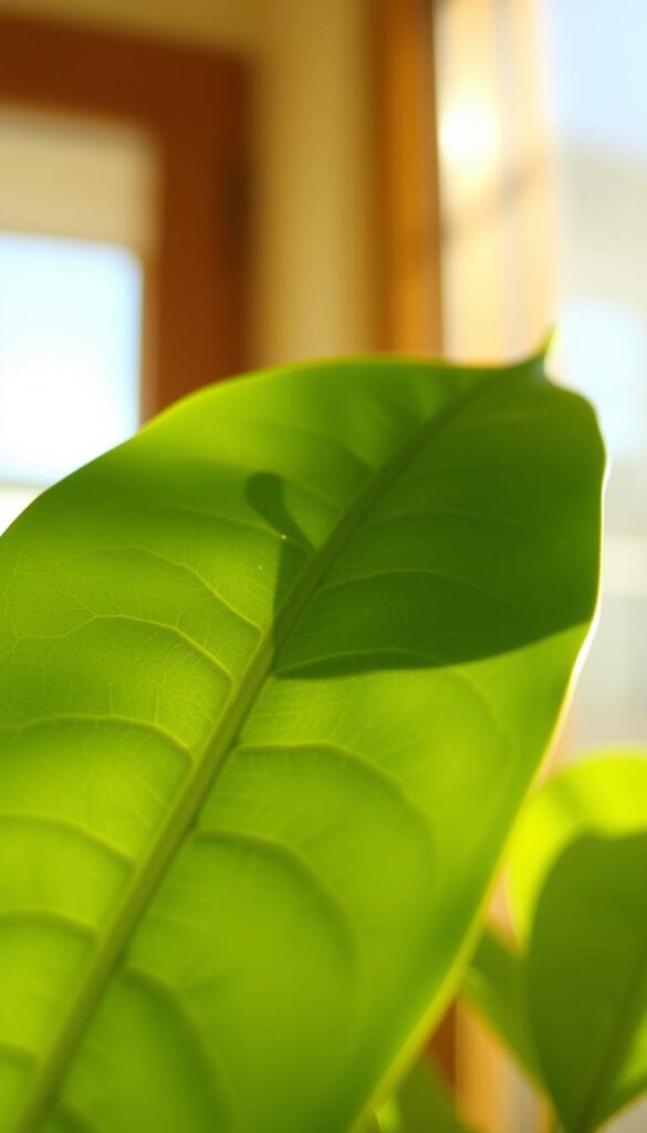 A softly focused close-up shot of a single vibrant green leaf, backlit by warm, natural sunlight filtering through a window. The leaf's surface is gently textured, with delicate veins running through it. The edges are slightly curled, giving the leaf a lush, three-dimensional quality. The background is blurred, creating a sense of depth and emphasis on the leaf's intricate details. The lighting casts subtle shadows, accentuating the leaf's form and creating a serene, calming atmosphere. The overall image conveys the beauty and tranquility of a healthy, well-maintained plant leaf.