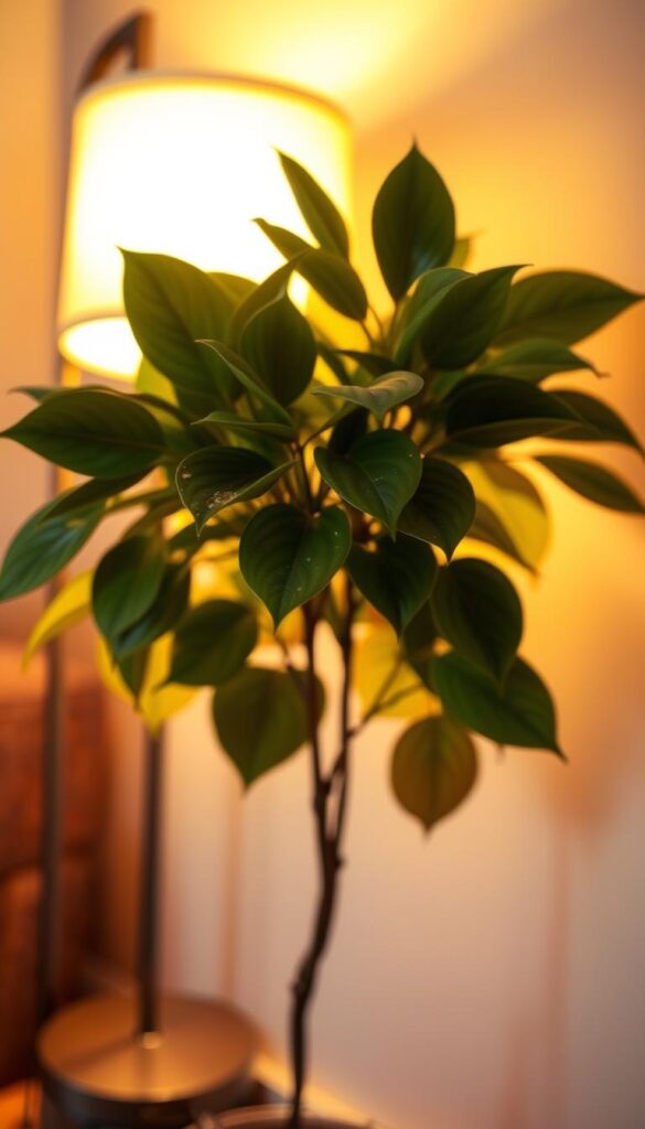 A softly illuminated indoor plant scene, captured with a wide-angle lens to showcase a lush, low-light-adapted plant against a gently blurred background. Warm, diffused lighting from a floor lamp bathes the plant in a gentle, golden glow, highlighting the vibrant foliage and creating a cozy, inviting atmosphere. The plant appears to be thriving, its leaves gently swaying, as if reaching towards the artificial light source. The composition emphasizes the importance of providing the right light conditions for indoor plants, especially during the low-light days of fall.