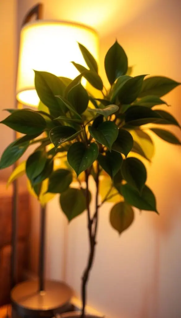 A softly illuminated indoor plant scene, captured with a wide-angle lens to showcase a lush, low-light-adapted plant against a gently blurred background. Warm, diffused lighting from a floor lamp bathes the plant in a gentle, golden glow, highlighting the vibrant foliage and creating a cozy, inviting atmosphere. The plant appears to be thriving, its leaves gently swaying, as if reaching towards the artificial light source. The composition emphasizes the importance of providing the right light conditions for indoor plants, especially during the low-light days of fall. A softly illuminated indoor plant scene, captured with a wide-angle lens to showcase a lush, low-light-adapted plant against a gently blurred background. Warm, diffused lighting from a floor lamp bathes the plant in a gentle, golden glow, highlighting the vibrant foliage and creating a cozy, inviting atmosphere. The plant appears to be thriving, its leaves gently swaying, as if reaching towards the artificial light source. The composition emphasizes the importance of providing the right light conditions for indoor plants, especially during the low-light days of fall.
