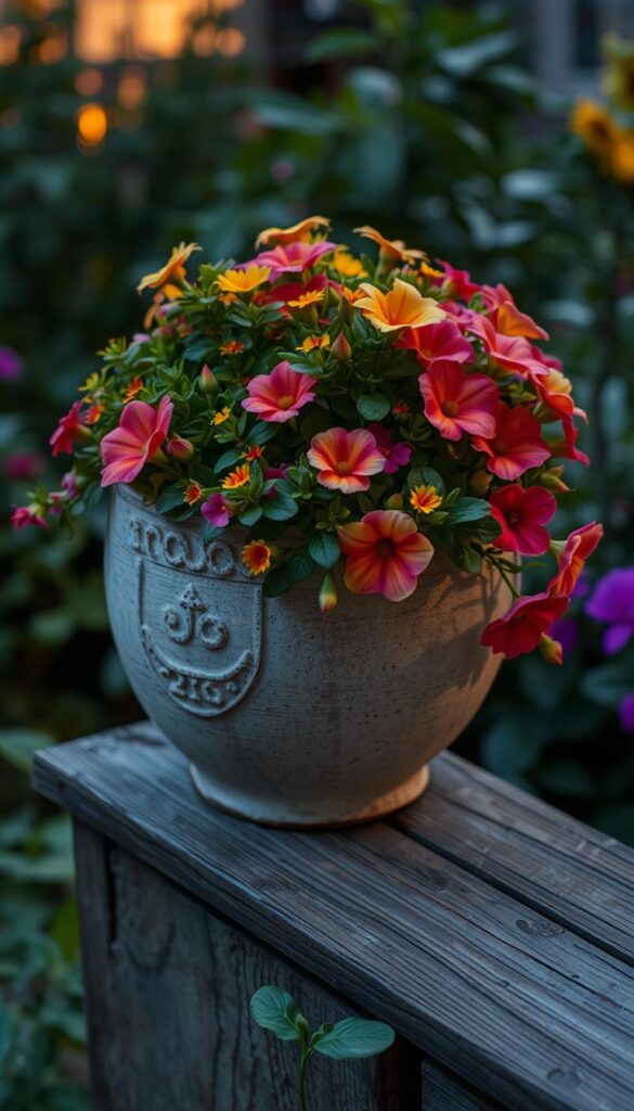 A softly illuminated, weathered ceramic container overflows with a vibrant display of lush greenery and brightly colored flowers. The container sits atop a worn, wooden surface, casting a warm, ambient glow from within. Delicate shadows dance across the textured walls, adding depth and dimension. The camera angle captures the container from a slightly elevated perspective, highlighting its sculptural qualities and the interplay of light and shadow. The overall mood is one of cozy, intimate tranquility, inviting the viewer to linger and appreciate the small, glowing oasis amidst the surrounding garden. A softly illuminated, weathered ceramic container overflows with a vibrant display of lush greenery and brightly colored flowers. The container sits atop a worn, wooden surface, casting a warm, ambient glow from within. Delicate shadows dance across the textured walls, adding depth and dimension. The camera angle captures the container from a slightly elevated perspective, highlighting its sculptural qualities and the interplay of light and shadow. The overall mood is one of cozy, intimate tranquility, inviting the viewer to linger and appreciate the small, glowing oasis amidst the surrounding garden.