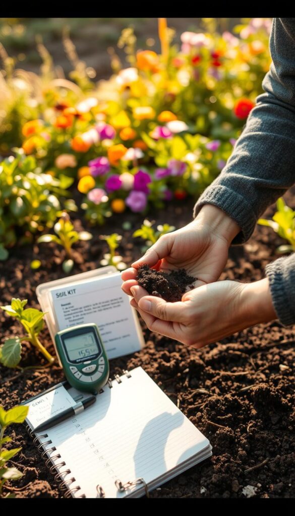 A soil testing scene set in a lush garden, bathed in warm, natural lighting. In the foreground, a gardener's hands carefully collect soil samples, inspecting them with a discerning gaze. The middle ground features an array of testing tools - a pH meter, soil test kits, and a notebook for recording findings. In the background, a flourishing garden bed filled with vibrant flowers and vegetables, hinting at the importance of understanding the soil's composition. The overall mood is one of thoughtful, diligent attention to detail, conveying the significance of this crucial step for a thriving, beautiful garden.