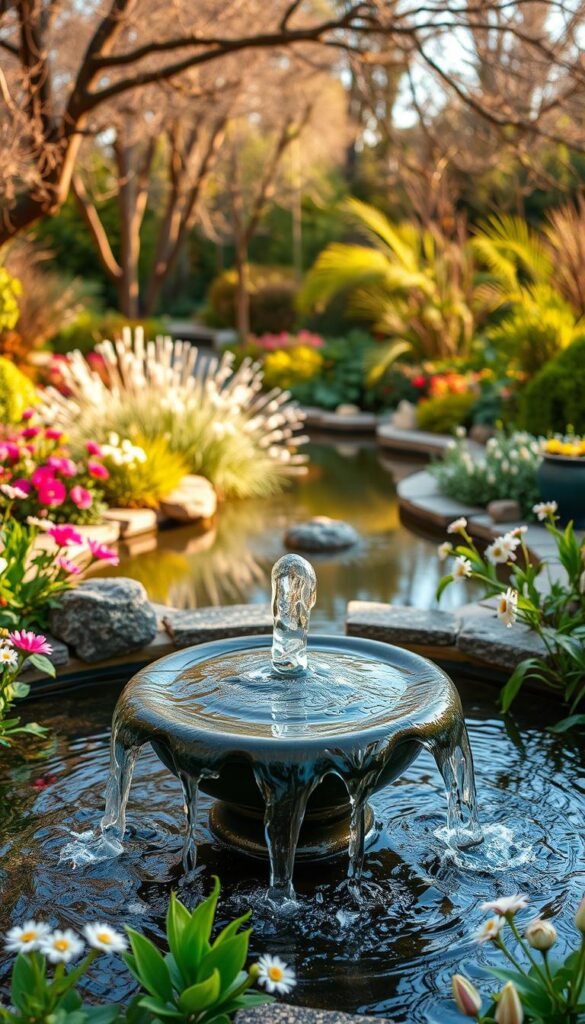 A soothing water feature in a lush spring garden, capturing the tranquil ambiance of a peaceful backyard oasis. In the foreground, a gently flowing fountain, its soft cascades creating a mesmerizing display. Surrounded by a vibrant mix of flowering plants and verdant foliage, creating a natural and calming atmosphere. The middle ground features a pond, its still surface reflecting the surrounding greenery and the warm, soft lighting. In the background, a harmonious blend of trees and shrubs, their branches swaying gently in the breeze, completing the serene, outdoor setting. The scene is captured with a wide-angle lens, allowing for a comprehensive view of the idyllic water feature and its harmonious integration within the lush spring garden.