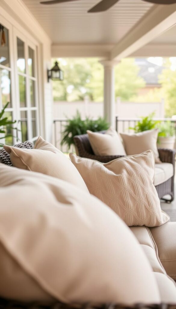 A spacious outdoor patio with a wicker loveseat and plush cushions in a neutral beige hue. The cushions are the focal point, capturing the viewer's attention as they showcase their generous size and plush texture. Soft, diffused natural lighting filters through the scene, creating a warm and inviting atmosphere. The camera is positioned at a slight angle, providing a perspective that showcases the cushions' dimensions and how they would appear in a real-world setting. The overall scene conveys a sense of comfort, relaxation, and the importance of selecting the right-sized cushions for a harmonious and stylish outdoor living space. A spacious outdoor patio with a wicker loveseat and plush cushions in a neutral beige hue. The cushions are the focal point, capturing the viewer's attention as they showcase their generous size and plush texture. Soft, diffused natural lighting filters through the scene, creating a warm and inviting atmosphere. The camera is positioned at a slight angle, providing a perspective that showcases the cushions' dimensions and how they would appear in a real-world setting. The overall scene conveys a sense of comfort, relaxation, and the importance of selecting the right-sized cushions for a harmonious and stylish outdoor living space.