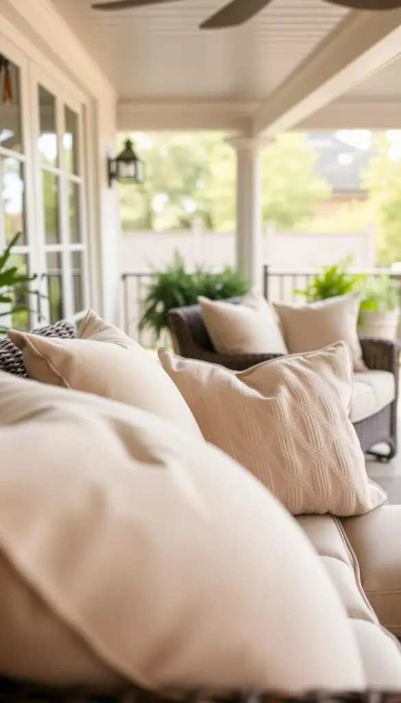 A spacious outdoor patio with a wicker loveseat and plush cushions in a neutral beige hue. The cushions are the focal point, capturing the viewer's attention as they showcase their generous size and plush texture. Soft, diffused natural lighting filters through the scene, creating a warm and inviting atmosphere. The camera is positioned at a slight angle, providing a perspective that showcases the cushions' dimensions and how they would appear in a real-world setting. The overall scene conveys a sense of comfort, relaxation, and the importance of selecting the right-sized cushions for a harmonious and stylish outdoor living space. A spacious outdoor patio with a wicker loveseat and plush cushions in a neutral beige hue. The cushions are the focal point, capturing the viewer's attention as they showcase their generous size and plush texture. Soft, diffused natural lighting filters through the scene, creating a warm and inviting atmosphere. The camera is positioned at a slight angle, providing a perspective that showcases the cushions' dimensions and how they would appear in a real-world setting. The overall scene conveys a sense of comfort, relaxation, and the importance of selecting the right-sized cushions for a harmonious and stylish outdoor living space.