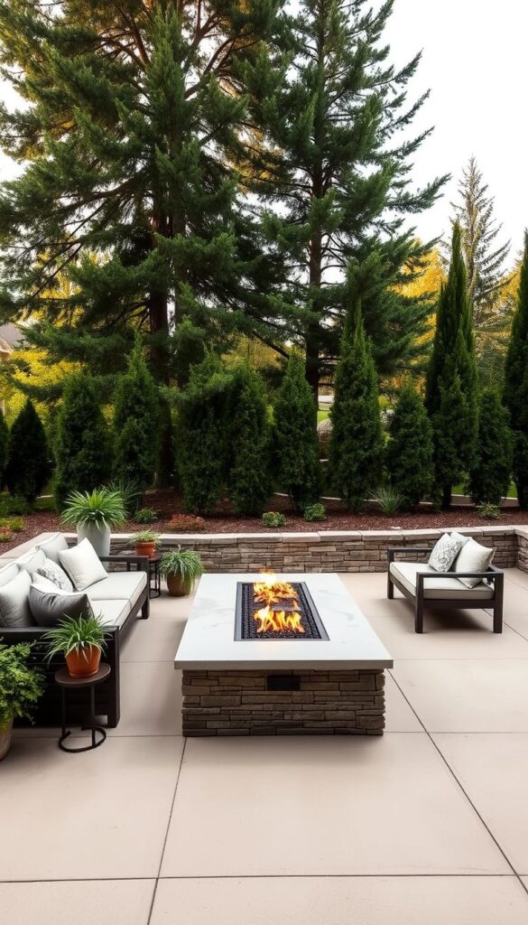 A spacious, well-designed patio with a cozy, inviting atmosphere. In the foreground, a comfortable L-shaped sectional sofa with plush cushions arranged around a low wooden coffee table. Interspersed potted plants and hanging greenery add a lush, natural touch. The middle ground features a large, smooth concrete patio surface, with a sleek, modern gas firepit as the focal point. Surrounding the patio, a low stone wall defines the space, creating a sense of enclosure without feeling cluttered. In the background, a row of tall, mature trees provides a natural backdrop, casting soft, dappled light over the scene. The overall mood is one of relaxation and outdoor living, with a focus on functional yet stylish design. A spacious, well-designed patio with a cozy, inviting atmosphere. In the foreground, a comfortable L-shaped sectional sofa with plush cushions arranged around a low wooden coffee table. Interspersed potted plants and hanging greenery add a lush, natural touch. The middle ground features a large, smooth concrete patio surface, with a sleek, modern gas firepit as the focal point. Surrounding the patio, a low stone wall defines the space, creating a sense of enclosure without feeling cluttered. In the background, a row of tall, mature trees provides a natural backdrop, casting soft, dappled light over the scene. The overall mood is one of relaxation and outdoor living, with a focus on functional yet stylish design.