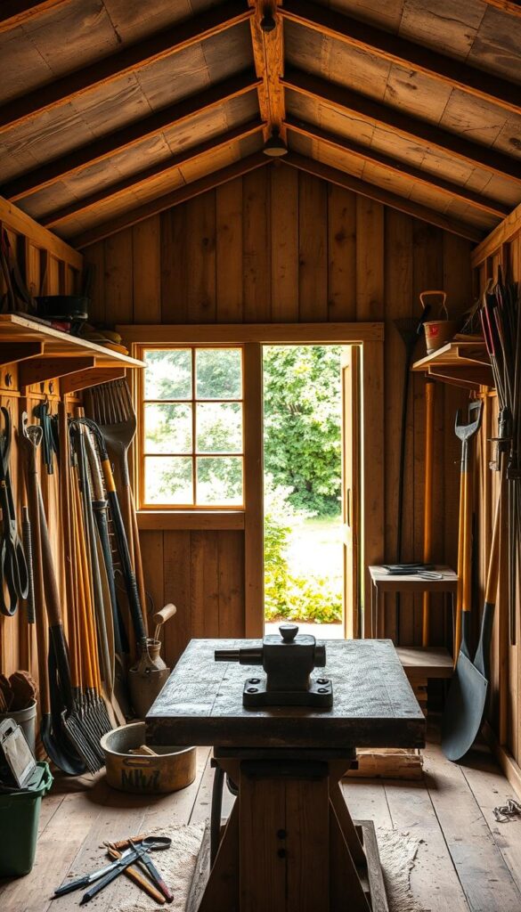 A spacious, well-lit garden shed with a rustic, weathered appearance. Shelves and hooks line the walls, neatly organizing a variety of gardening tools, from pruning shears and trowels to rakes and hoes. The shed's interior is bathed in warm, natural light filtering through a large window, creating a cozy and inviting atmosphere. In the foreground, a sturdy wooden workbench with a heavy-duty vise stands ready for any repairs or maintenance. The background reveals a lush, verdant garden visible through the open doorway, hinting at the tools' purpose and the owner's passion for gardening.