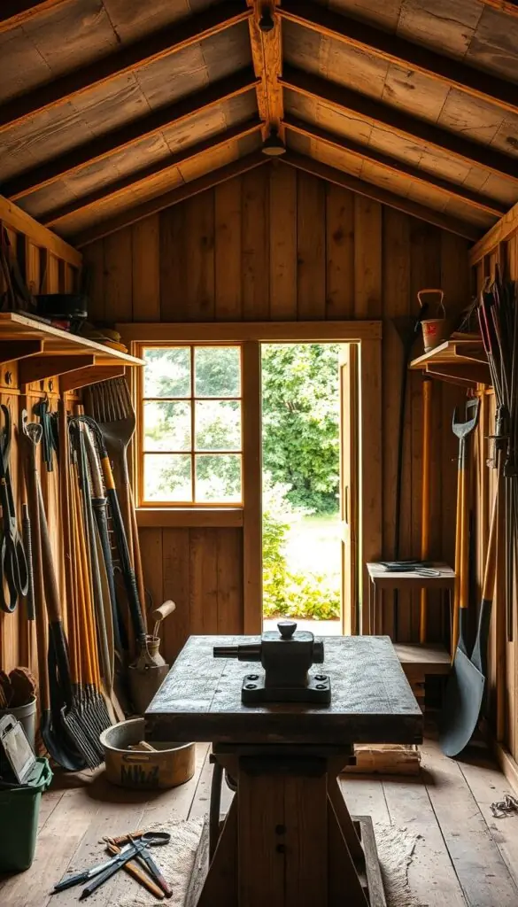 A spacious, well-lit garden shed with a rustic, weathered appearance. Shelves and hooks line the walls, neatly organizing a variety of gardening tools, from pruning shears and trowels to rakes and hoes. The shed's interior is bathed in warm, natural light filtering through a large window, creating a cozy and inviting atmosphere. In the foreground, a sturdy wooden workbench with a heavy-duty vise stands ready for any repairs or maintenance. The background reveals a lush, verdant garden visible through the open doorway, hinting at the tools' purpose and the owner's passion for gardening.