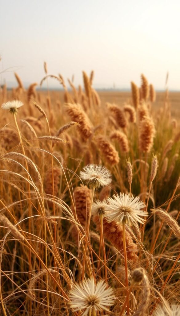 A sprawling array of autumn weeds and grasses, captured in soft, golden light. In the foreground, a tangle of delicate dandelion seed heads and wispy, wind-swept stems. The middle ground features lush clumps of tall, feathery plumes in shades of rust and ochre. In the background, a hazy, out-of-focus landscape suggests the transition from summer to fall. The scene conveys a sense of quiet, natural beauty, with a slightly nostalgic, end-of-season mood.