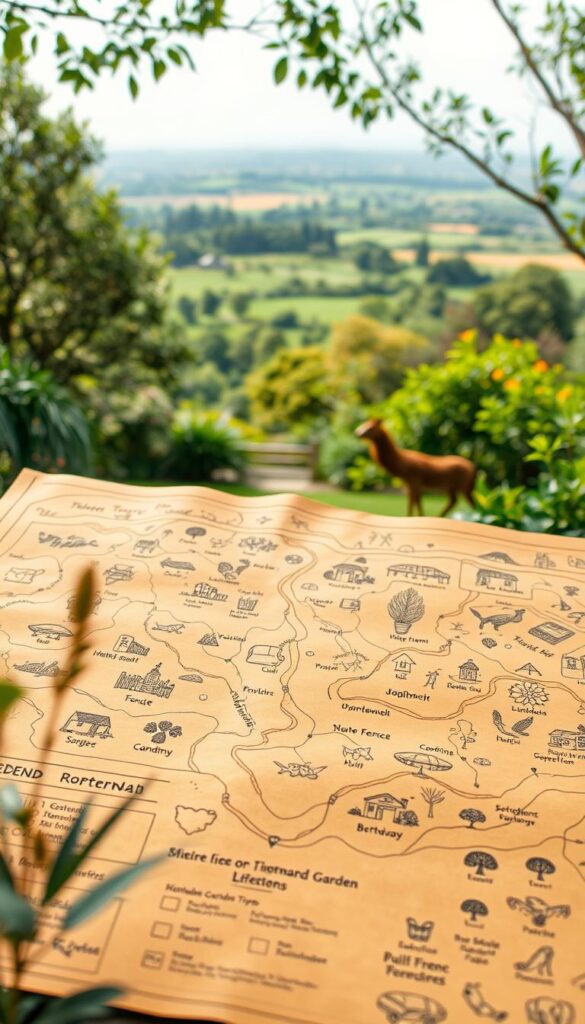 A sprawling, hand-drawn garden map depicting the various sections and boundaries of a lush, verdant backyard. The map is rendered in warm, earthy tones, with delicate lines and sketched illustrations of plants, trees, and wildlife. In the foreground, a detailed legend outlines the different elements, such as fencing types, garden beds, and pathways. The middle ground showcases the overall layout, with winding trails and meandering borders. In the background, a softly blurred vista of the surrounding landscape adds depth and context. The lighting is natural and diffused, casting a gentle, inviting ambiance over the entire scene. This image conveys a sense of thoughtful planning and connection with the outdoor space.
