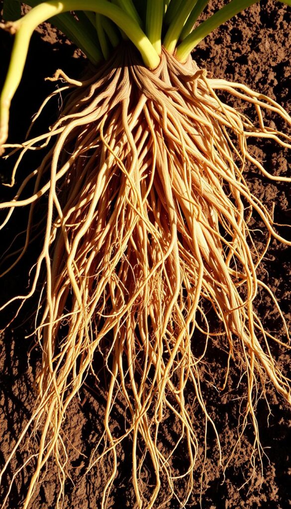 A sprawling network of woody, fibrous roots extending from the soil, anchoring a healthy vegetable plant. Fine feeder roots branch off in all directions, seeking moisture and nutrients. The roots are illuminated by soft, diffused natural light, casting intricate shadows on the earthy background. The scene is captured from a low, close-up angle, emphasizing the scale and complexity of the underground ecosystem. Muted tones of brown, tan, and ochre create a warm, organic palette, conveying the vitality and importance of this unseen foundation for vibrant plant growth. A sprawling network of woody, fibrous roots extending from the soil, anchoring a healthy vegetable plant. Fine feeder roots branch off in all directions, seeking moisture and nutrients. The roots are illuminated by soft, diffused natural light, casting intricate shadows on the earthy background. The scene is captured from a low, close-up angle, emphasizing the scale and complexity of the underground ecosystem. Muted tones of brown, tan, and ochre create a warm, organic palette, conveying the vitality and importance of this unseen foundation for vibrant plant growth.
