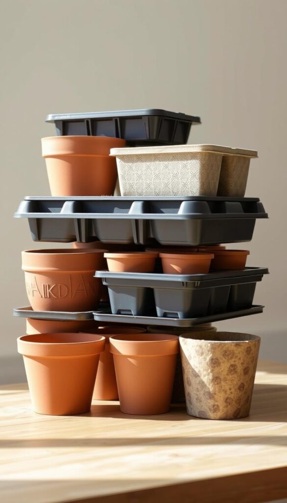 A stack of various gardening containers of different sizes and materials, including terracotta pots, plastic trays, and biodegradable peat pots, neatly arranged on a wooden surface. Soft, natural lighting illuminates the containers, highlighting their textures and colors. The containers are positioned to showcase their functionality and suitability for starting seeds indoors, with a clean, minimalist background that allows the focus to remain on the containers themselves. A stack of various gardening containers of different sizes and materials, including terracotta pots, plastic trays, and biodegradable peat pots, neatly arranged on a wooden surface. Soft, natural lighting illuminates the containers, highlighting their textures and colors. The containers are positioned to showcase their functionality and suitability for starting seeds indoors, with a clean, minimalist background that allows the focus to remain on the containers themselves.