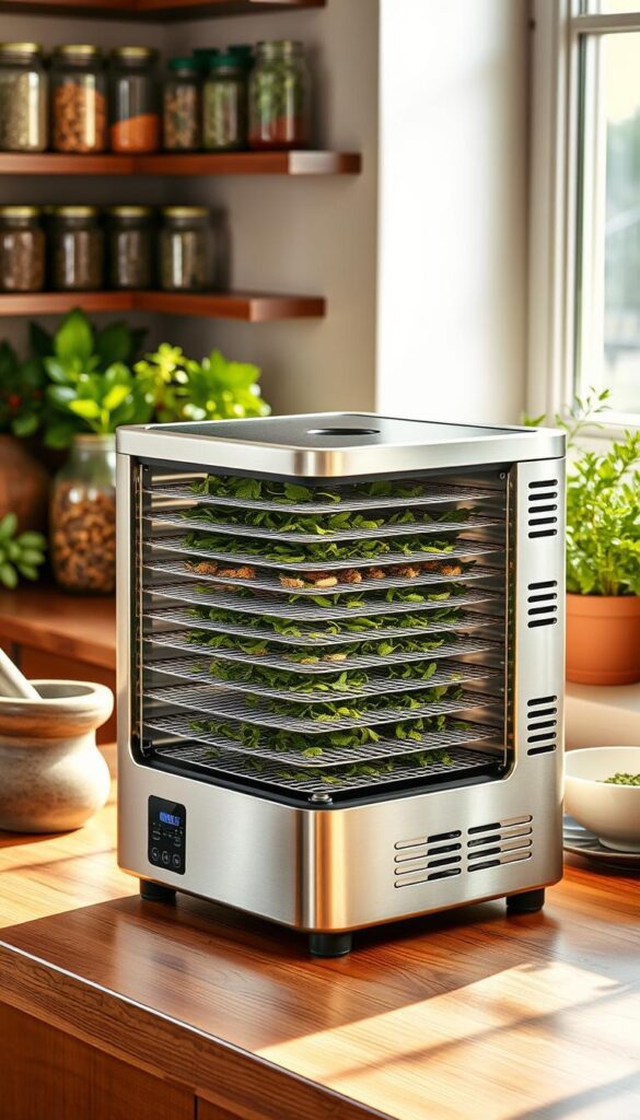 A stainless steel food dehydrator standing on a wooden kitchen counter, bathed in warm, natural lighting. The dehydrator has multiple trays for drying various herbs, with a digital control panel and air vents on the sides. The background features jars of dried herbs and spices, a mortar and pestle, and potted plants, creating an organized, functional, and inviting atmosphere for herb drying. A stainless steel food dehydrator standing on a wooden kitchen counter, bathed in warm, natural lighting. The dehydrator has multiple trays for drying various herbs, with a digital control panel and air vents on the sides. The background features jars of dried herbs and spices, a mortar and pestle, and potted plants, creating an organized, functional, and inviting atmosphere for herb drying.