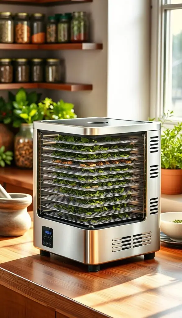 A stainless steel food dehydrator standing on a wooden kitchen counter, bathed in warm, natural lighting. The dehydrator has multiple trays for drying various herbs, with a digital control panel and air vents on the sides. The background features jars of dried herbs and spices, a mortar and pestle, and potted plants, creating an organized, functional, and inviting atmosphere for herb drying. A stainless steel food dehydrator standing on a wooden kitchen counter, bathed in warm, natural lighting. The dehydrator has multiple trays for drying various herbs, with a digital control panel and air vents on the sides. The background features jars of dried herbs and spices, a mortar and pestle, and potted plants, creating an organized, functional, and inviting atmosphere for herb drying.