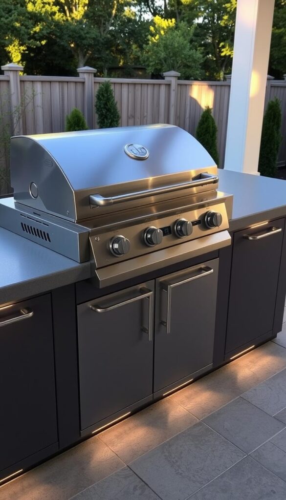 A stainless steel gas grill sits atop a sturdy outdoor kitchen island, its grates gleaming under the warm afternoon sun. Smooth concrete countertops flank the grill, offering ample prep space for marinating meats and chopping fresh produce. Discreet LED lighting illuminates the area, creating a welcoming ambiance as the aroma of sizzling burgers and char-grilled vegetables fills the air. The grill is positioned within easy reach, but tucked away from the main foot traffic, allowing guests to mingle and socialize without disrupting the culinary action.