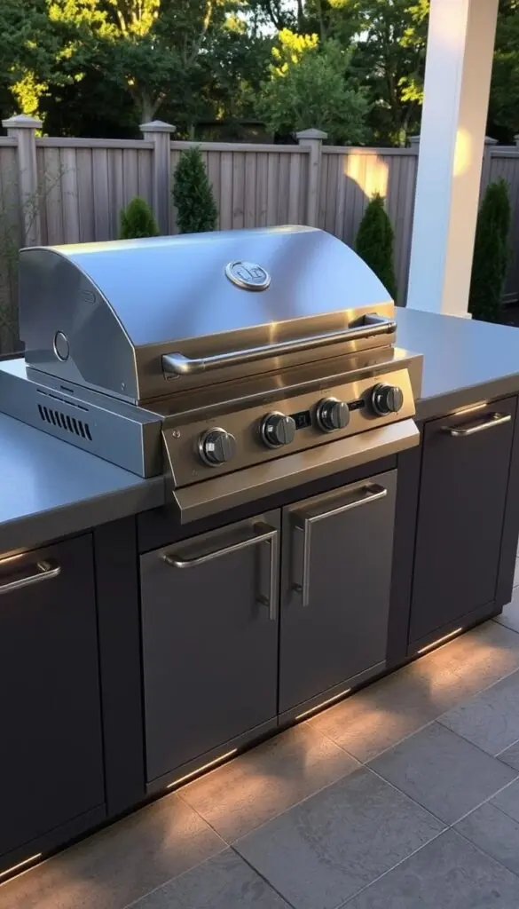 A stainless steel gas grill sits atop a sturdy outdoor kitchen island, its grates gleaming under the warm afternoon sun. Smooth concrete countertops flank the grill, offering ample prep space for marinating meats and chopping fresh produce. Discreet LED lighting illuminates the area, creating a welcoming ambiance as the aroma of sizzling burgers and char-grilled vegetables fills the air. The grill is positioned within easy reach, but tucked away from the main foot traffic, allowing guests to mingle and socialize without disrupting the culinary action.