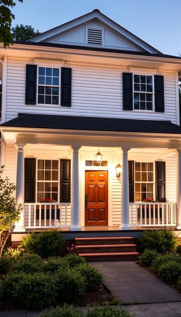 A stately two-story traditional-style home with a charming front porch and manicured landscaping. The exterior is adorned with crisp white siding, classic black shutters, and a warm wooden front door. The lighting casts a soft, ambient glow, highlighting the architectural details and creating a cozy, inviting atmosphere. The carefully curated landscape features lush green shrubs, colorful flowers, and a paved walkway leading up to the entrance. The image is captured at a three-quarter angle, showcasing the home's symmetry and overall aesthetic appeal. A stately two-story traditional-style home with a charming front porch and manicured landscaping. The exterior is adorned with crisp white siding, classic black shutters, and a warm wooden front door. The lighting casts a soft, ambient glow, highlighting the architectural details and creating a cozy, inviting atmosphere. The carefully curated landscape features lush green shrubs, colorful flowers, and a paved walkway leading up to the entrance. The image is captured at a three-quarter angle, showcasing the home's symmetry and overall aesthetic appeal.