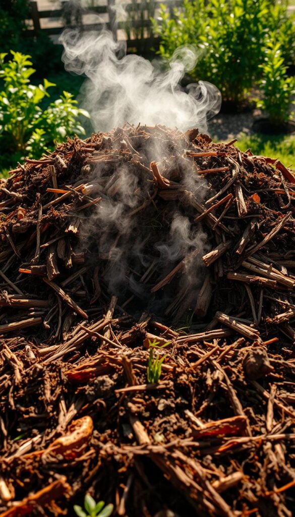 A steaming, well-aerated compost pile under warm sunlight. The heap is teeming with decomposing organic matter, rich in earthy tones and hints of steam rising from the center. The foreground features carefully layered brown and green materials, while the middle ground showcases the pile's interior, with visible pockets of microbial activity. The background shows a lush, verdant garden setting, hinting at the ultimate purpose of this hot, thriving compost. Captured with a wide-angle lens to emphasize the scale and process of this nutrient-dense decomposition. The scene exudes a sense of productivity and the transformative power of composting. A steaming, well-aerated compost pile under warm sunlight. The heap is teeming with decomposing organic matter, rich in earthy tones and hints of steam rising from the center. The foreground features carefully layered brown and green materials, while the middle ground showcases the pile's interior, with visible pockets of microbial activity. The background shows a lush, verdant garden setting, hinting at the ultimate purpose of this hot, thriving compost. Captured with a wide-angle lens to emphasize the scale and process of this nutrient-dense decomposition. The scene exudes a sense of productivity and the transformative power of composting.