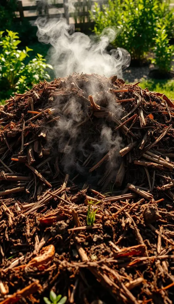 A steaming, well-aerated compost pile under warm sunlight. The heap is teeming with decomposing organic matter, rich in earthy tones and hints of steam rising from the center. The foreground features carefully layered brown and green materials, while the middle ground showcases the pile's interior, with visible pockets of microbial activity. The background shows a lush, verdant garden setting, hinting at the ultimate purpose of this hot, thriving compost. Captured with a wide-angle lens to emphasize the scale and process of this nutrient-dense decomposition. The scene exudes a sense of productivity and the transformative power of composting. A steaming, well-aerated compost pile under warm sunlight. The heap is teeming with decomposing organic matter, rich in earthy tones and hints of steam rising from the center. The foreground features carefully layered brown and green materials, while the middle ground showcases the pile's interior, with visible pockets of microbial activity. The background shows a lush, verdant garden setting, hinting at the ultimate purpose of this hot, thriving compost. Captured with a wide-angle lens to emphasize the scale and process of this nutrient-dense decomposition. The scene exudes a sense of productivity and the transformative power of composting.