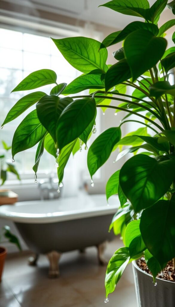 A steamy, well-lit bathroom with lush, verdant foliage. In the foreground, a potted plant with broad, glossy leaves dripping with condensation, capturing the essence of natural humidity. The middle ground features a clawfoot bathtub, its surface shimmering with a fine mist, while the background showcases a large window, flooding the space with soft, diffused natural light. The overall scene conveys a sense of tranquility and rejuvenation, making it the perfect setting for thriving bathroom plants.