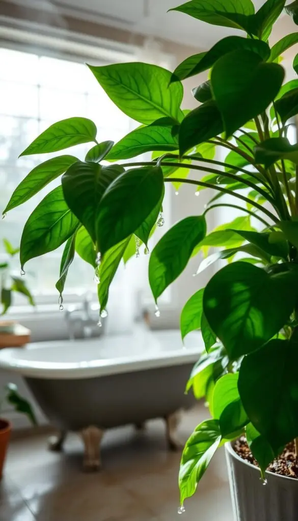 A steamy, well-lit bathroom with lush, verdant foliage. In the foreground, a potted plant with broad, glossy leaves dripping with condensation, capturing the essence of natural humidity. The middle ground features a clawfoot bathtub, its surface shimmering with a fine mist, while the background showcases a large window, flooding the space with soft, diffused natural light. The overall scene conveys a sense of tranquility and rejuvenation, making it the perfect setting for thriving bathroom plants. A steamy, well-lit bathroom with lush, verdant foliage. In the foreground, a potted plant with broad, glossy leaves dripping with condensation, capturing the essence of natural humidity. The middle ground features a clawfoot bathtub, its surface shimmering with a fine mist, while the background showcases a large window, flooding the space with soft, diffused natural light. The overall scene conveys a sense of tranquility and rejuvenation, making it the perfect setting for thriving bathroom plants.