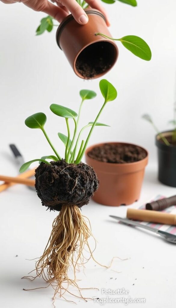 A step-by-step guide to repotting plants without damaging roots, set against a clean, white background. The foreground features a potted plant being carefully extracted, its delicate root system exposed. The middle ground showcases the repotting process, with fresh soil being added to a new container. The background subtly hints at gardening tools and materials, creating a sense of context. Soft, directional lighting illuminates the scene, emphasizing the intricate details of the plant's foliage and the texture of the soil. The overall mood is one of care, precision, and horticultural expertise. A step-by-step guide to repotting plants without damaging roots, set against a clean, white background. The foreground features a potted plant being carefully extracted, its delicate root system exposed. The middle ground showcases the repotting process, with fresh soil being added to a new container. The background subtly hints at gardening tools and materials, creating a sense of context. Soft, directional lighting illuminates the scene, emphasizing the intricate details of the plant's foliage and the texture of the soil. The overall mood is one of care, precision, and horticultural expertise.