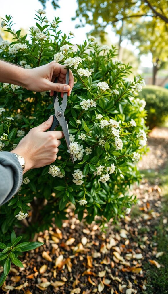 A step-by-step pruning session on a lush, flowering shrub in a well-lit garden. Close-up view of skilled hands carefully trimming branches, shaping the plant with precision. Soft, natural lighting illuminates the vibrant green foliage and delicate blooms. The ground is covered in a light layer of fallen leaves, adding texture and depth to the scene. A sense of focused calmness and horticultural expertise pervades the tranquil setting. Medium camera angle captures the intricate details of the pruning process in an informative, educational manner. The image conveys the care and attention required to maintain a healthy, flowering shrub. A step-by-step pruning session on a lush, flowering shrub in a well-lit garden. Close-up view of skilled hands carefully trimming branches, shaping the plant with precision. Soft, natural lighting illuminates the vibrant green foliage and delicate blooms. The ground is covered in a light layer of fallen leaves, adding texture and depth to the scene. A sense of focused calmness and horticultural expertise pervades the tranquil setting. Medium camera angle captures the intricate details of the pruning process in an informative, educational manner. The image conveys the care and attention required to maintain a healthy, flowering shrub.