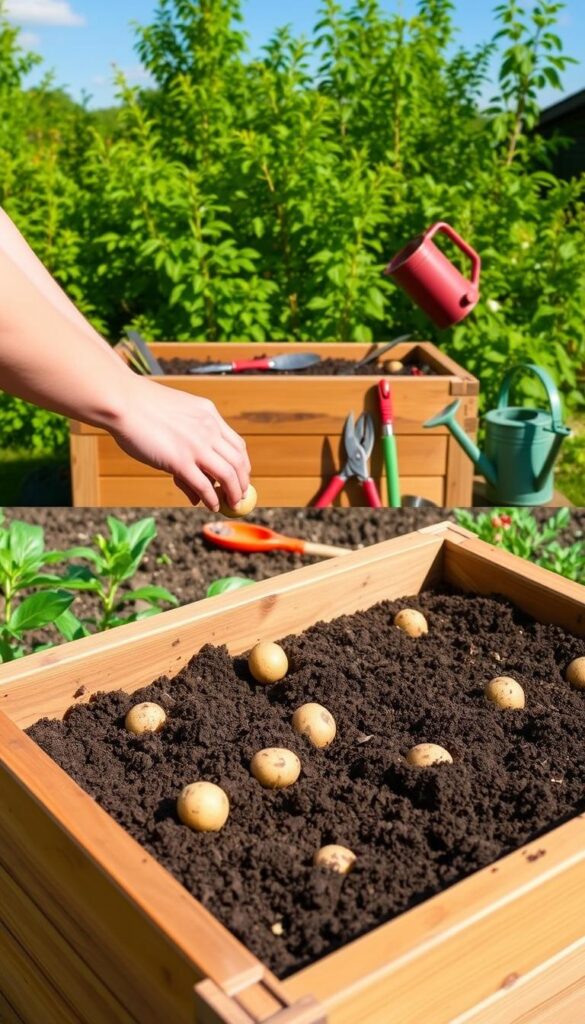 A step-by-step tutorial for planting potatoes in a raised container. A wooden planter filled with rich, dark soil takes up the foreground, with a gardener's hands gently placing potato tubers into shallow trenches. In the middle ground, the planter is surrounded by gardening tools - trowel, pruners, and a watering can. The background features a lush, verdant garden scene with vibrant green foliage and a clear blue sky, illuminated by natural, diffused lighting. The overall scene conveys a sense of calm, nurturing, and a joy of gardening. A step-by-step tutorial for planting potatoes in a raised container. A wooden planter filled with rich, dark soil takes up the foreground, with a gardener's hands gently placing potato tubers into shallow trenches. In the middle ground, the planter is surrounded by gardening tools - trowel, pruners, and a watering can. The background features a lush, verdant garden scene with vibrant green foliage and a clear blue sky, illuminated by natural, diffused lighting. The overall scene conveys a sense of calm, nurturing, and a joy of gardening.