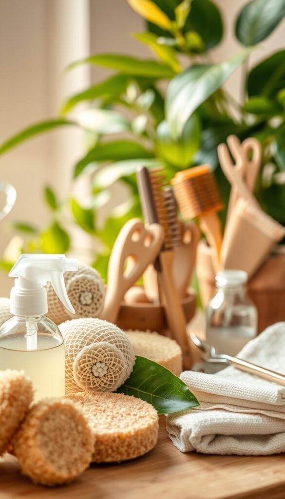 A still life arrangement of various household tools and materials for cleaning and maintaining vibrant plant leaves. In the foreground, a soft-lit close-up shows a collection of natural sponges, microfiber cloths, and a small spray bottle filled with a gentle leaf-cleaning solution. In the middle ground, an assortment of delicate brushes, wiping cloths, and a small pair of trimming shears are carefully placed. The background features a subtle, out-of-focus greenery, creating a calming, natural atmosphere. Warm, diffused lighting from the side casts a gentle glow over the scene, highlighting the textures and details of the tools. The overall mood is one of simple, practical elegance, inviting the viewer to imagine the transformative power of these humble items in revitalizing the lush foliage of houseplants.