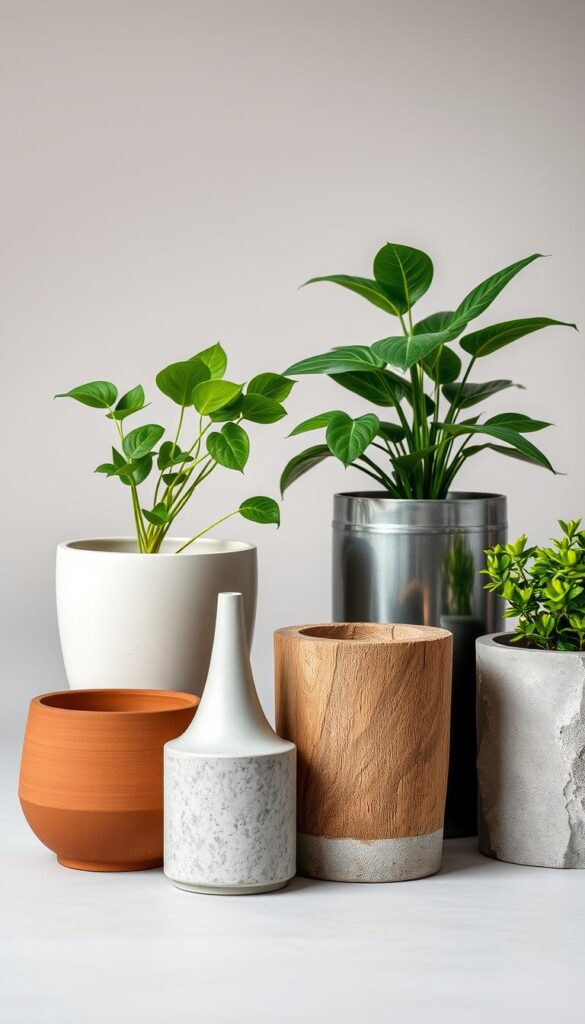A still life arrangement showcasing an assortment of materials commonly used for planters, including gleaming terracotta, smooth ceramic, weathered wood, sleek metal, and rugged concrete. The items are artfully arranged on a neutral backdrop, with soft, diffused lighting highlighting their unique textures and hues. The composition is balanced and visually appealing, inviting the viewer to appreciate the diverse range of materials available for housing their beloved plants. A sense of thoughtfulness and curation pervades the scene, reflecting the care and consideration that goes into selecting the perfect planter. A still life arrangement showcasing an assortment of materials commonly used for planters, including gleaming terracotta, smooth ceramic, weathered wood, sleek metal, and rugged concrete. The items are artfully arranged on a neutral backdrop, with soft, diffused lighting highlighting their unique textures and hues. The composition is balanced and visually appealing, inviting the viewer to appreciate the diverse range of materials available for housing their beloved plants. A sense of thoughtfulness and curation pervades the scene, reflecting the care and consideration that goes into selecting the perfect planter.