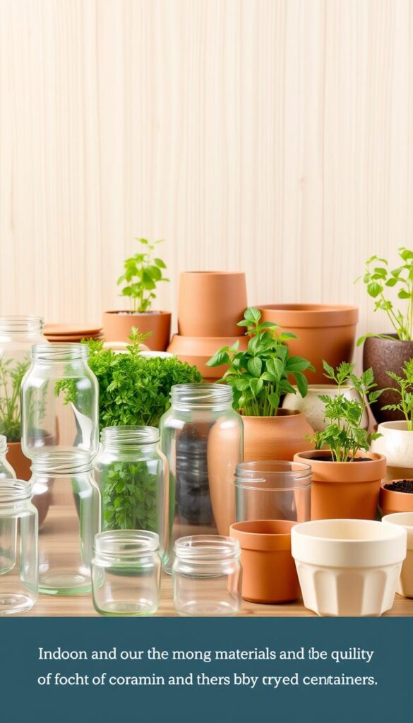 A still life arrangement showcasing various materials and build quality for indoor herb garden containers. In the foreground, a collection of clear glass jars, frosted glass planters, and translucent plastic pots in different shapes and sizes. In the middle ground, a mix of terracotta, ceramic, and recycled blend containers in natural, earthy tones. The background features a wooden surface with a clean, minimalist backdrop, evenly lit from above with soft, natural lighting to highlight the textures and details of the vessels. The overall composition conveys a sense of quality, durability, and versatility for indoor herb gardening.